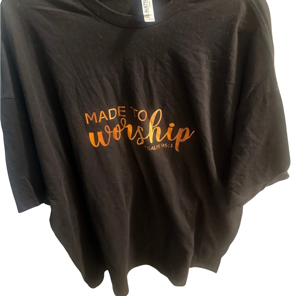 Black T-Shirt with Orange 'Made to Worship' Print